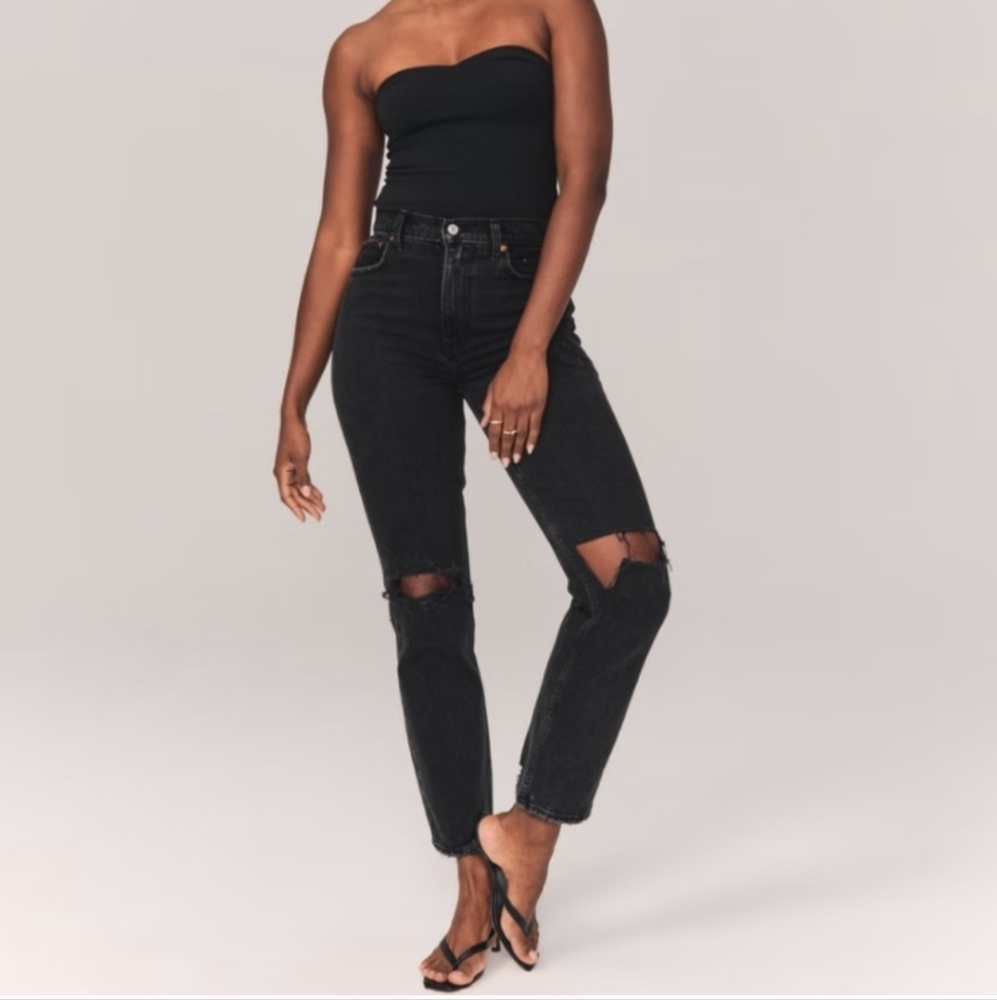 Abercrombie & Fitch 90's Straight Jeans Ultra High Rise Black Distressed 30 10
